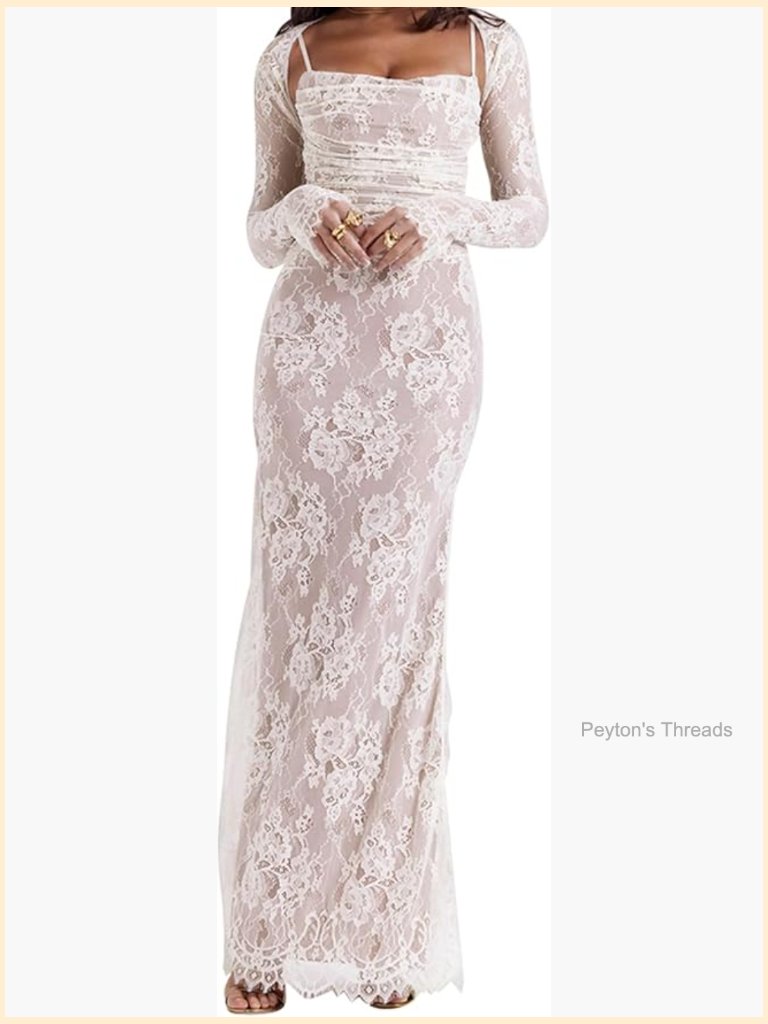 Vintage Lace Maxi Dress Romantic Bodycon Long Sleeve Formal